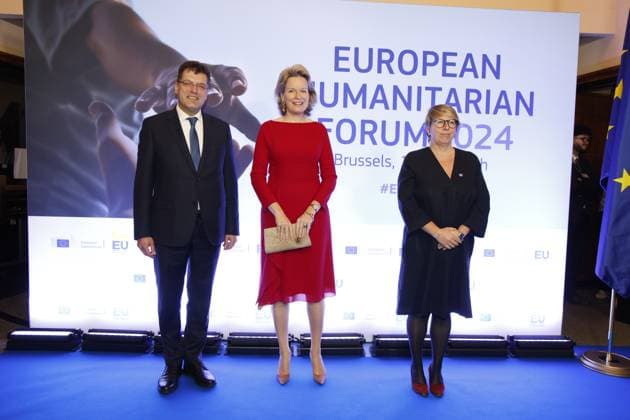 Queen Mathilde of Belgium and Minister for Development Cooperation and Metropolitan Policy Caroline Gennez pictured during a royal visit to the European Humanitarian Forum 2024 meeting to discuss global humanitarian needs, Monday 18 March 2024 in Brussels. NICOLASxMAETERLINCK 89419268
