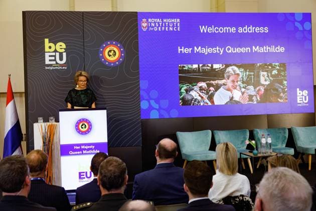 Queen Mathilde of Belgium delivers a speech at a royal visit to the 24 years of the Women, Peace and Security (WPS) Agenda, time for pragmatism seminar in Tournai, Thursday 21 March 2024. The colloquium focusing on inclusion of women in peace processes, is organized by the Belgian Presidency of the Council of the EU. KURTxDESPLENTER 89579698