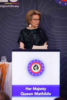 Queen Mathilde of Belgium delivers a speech at a royal visit to the 24 years of the Women, Peace and Security (WPS) Agenda, time for pragmatism seminar in Tournai, Thursday 21 March 2024. The colloquium focusing on inclusion of women in peace processes, is organized by the Belgian Presidency of the Council of the EU. KURTxDESPLENTER 89580947