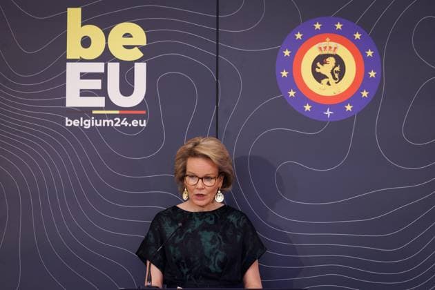 Queen Mathilde of Belgium delivers a speech at a royal visit to the 24 years of the Women, Peace and Security (WPS) Agenda, time for pragmatism seminar in Tournai, Thursday 21 March 2024. The colloquium focusing on inclusion of women in peace processes, is organized by the Belgian Presidency of the Council of the EU. KURTxDESPLENTER 89580950