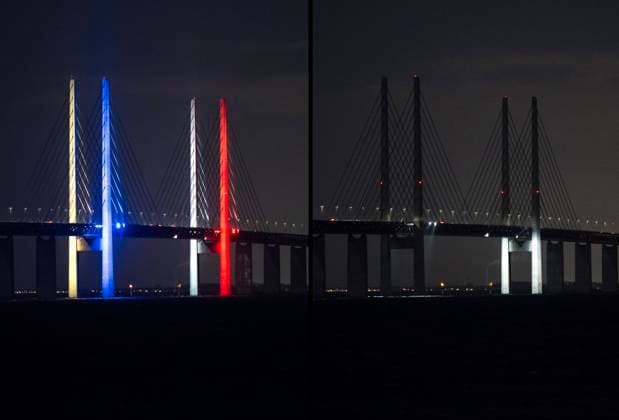 MALMÖ 2024 03 23 Öresund Bridges 203.5 meter high pylons in the Nordic colors to celebrate Nordic Day on Saturday until 20  Copyright: xJohanxNilsson TTx NORDENS DAG OCH EARTH HOUR ÖRESUNDSBRON 9g45kUvtbbk