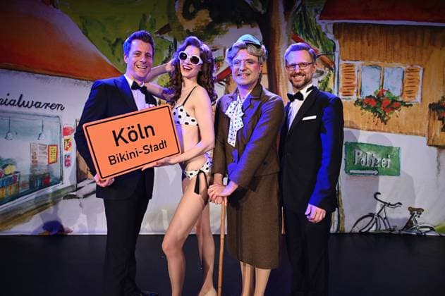 Composer Jochen Frank Schmidt, leading actor Nico Alesi plays Omi Fichtelhuber and Sarah Leidl plays Giselle von Pfeiffer, producer Alexander Dieterle, l r, pose at the press event for the 50s comedy musical Bikini Scandal, which will be shown in Cologne for 4 weeks in August 2024