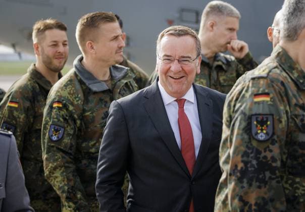 Federal Minister of Defense Boris Pistorius, SPD, bids farewell to the approximately 20 soldiers of the Lithuanian brigades pre-command at BER Airport Here Copyright: xThomasxImoxphotothek.dex