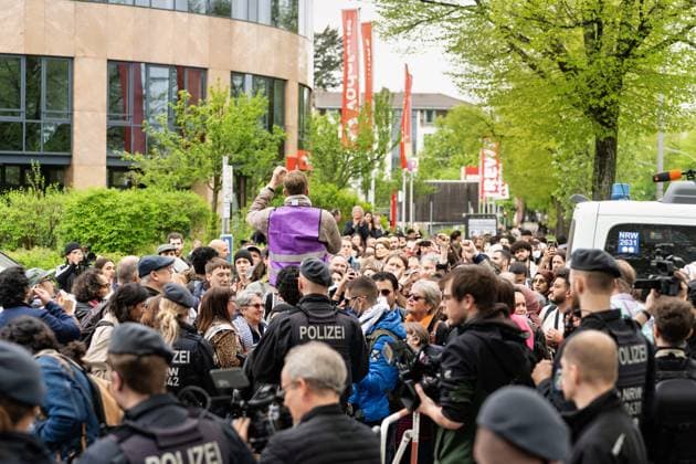 2024 04 12,Berlin,Palestine Congress,taking place this weekend in a Tempelhof industrial complex Numerous visitors waiting to get in