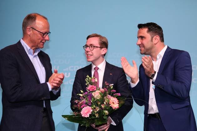 View on Saturday 13 04 2024 in the town hall of the Hanseatic and university city of Rostock at the party conference of the CDU of the state of Mecklenburg-Vorpommern with Philipp Amthor, MdB center New Secretary General and Daniel Peters MdL re New state chairman and the federal and parliamentary group chairman Friedrich Merz, MdB