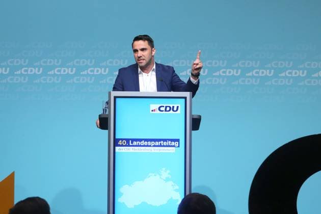View on Saturday 13 04 2024 in the town hall of the Hanseatic and university city of Rostock at the party conference of the CDU of the state of Mecklenburg-Vorpommern At the event, the delegates elected Daniel Peters, pictured here, as their new state chairman Philipp Amthor, MdB, became the new Secretary General of the s