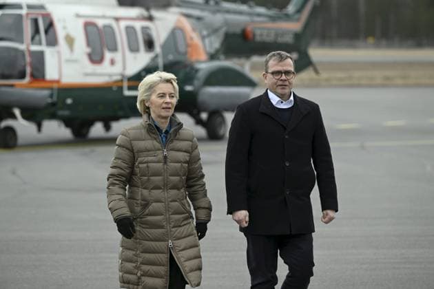 President of the European Commission Ursula von der Leyen (L) and Finnish Prime Minister Petter Orpo arrive for their joint press conference at the Lappeenranta airport, eastern Finland, on April 19, 2024. President von der Leyen and Prime Minister Orpo visited the eastern border region of Finland on Friday and discussed what Finland and the EU can do to prevent instrumentalised migration to Finland s eastern border. Lappeenranta Finland Copyright: xAnttixAimo-Koivistox LKFTJK20240419103412EOZY