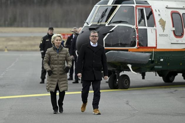 President of the European Commission Ursula von der Leyen (L) and Finnish Prime Minister Petter Orpo arrive for their joint press conference at the Lappeenranta airport, eastern Finland, on April 19, 2024. President von der Leyen and Prime Minister Orpo visited the eastern border region of Finland on Friday and discussed what Finland and the EU can do to prevent instrumentalised migration to Finland s eastern border. Lappeenranta Finland Copyright: xAnttixAimo-Koivistox LKFTJK20240419103526CJFH