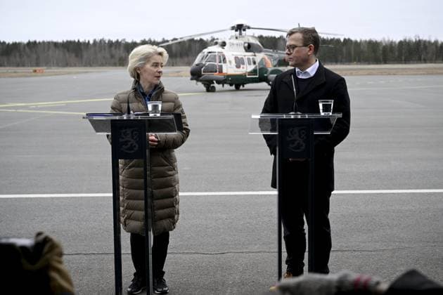 President of the European Commission Ursula von der Leyen (L) and Finnish Prime Minister Petter Orpo react during their joint press conference at the Lappeenranta airport, eastern Finland, on April 19, 2024. President von der Leyen and Prime Minister Orpo visited the eastern border region of Finland on Friday and discussed what Finland and the EU can do to prevent instrumentalised migration to Finland s eastern border. Lappeenranta Finland Copyright: xAnttixAimo-Koivistox LKFTJK20240419103640OKSV
