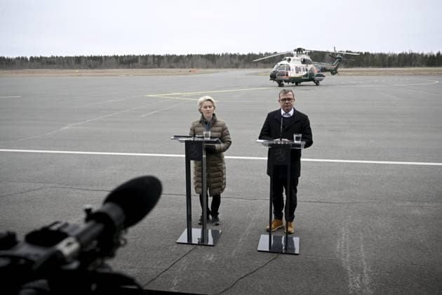 President of the European Commission Ursula von der Leyen (L) and Finnish Prime Minister Petter Orpo react during their joint press conference at the Lappeenranta airport, eastern Finland, on April 19, 2024. President von der Leyen and Prime Minister Orpo visited the eastern border region of Finland on Friday and discussed what Finland and the EU can do to prevent instrumentalised migration to Finland s eastern border. Lappeenranta Finland Copyright: xAnttixAimo-Koivistox LKFTJK20240419103831YZTT