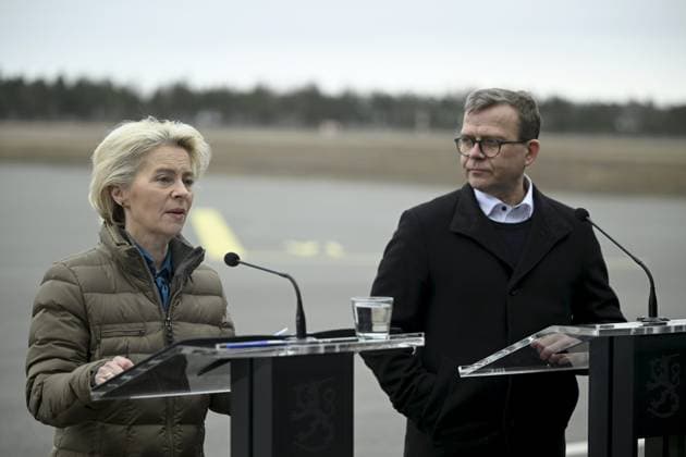 President of the European Commission Ursula von der Leyen (L) and Finnish Prime Minister Petter Orpo react during their joint press conference at the Lappeenranta airport, eastern Finland, on April 19, 2024. President von der Leyen and Prime Minister Orpo visited the eastern border region of Finland on Friday and discussed what Finland and the EU can do to prevent instrumentalised migration to Finland s eastern border. Lappeenranta Finland Copyright: xAnttixAimo-Koivistox LKFTJK20240419103834TQYB