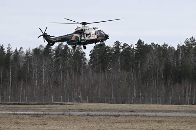 President of the European Commission Ursula von der Leyen and Finnish Prime Minister Petter Orpo arrive in the Airbus Helicopters H215 Super Puma OH-HVP of the Finnish Border Guard for their joint press conference at the Lappeenranta airport, eastern Finland, on April 19, 2024. President von der Leyen and Prime Minister Orpo visited the eastern border region of Finland on Friday and discussed what Finland and the EU can do to prevent instrumentalised migration to Finland s eastern border. Lappeenranta Finland Copyright: xAnttixAimo-Koivistox LKFTJK20240419102705MZEP