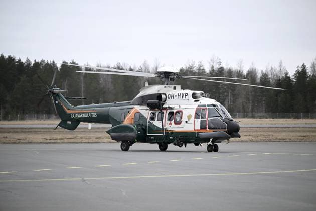 President of the European Commission Ursula von der Leyen and Finnish Prime Minister Petter Orpo arrive in the Airbus Helicopters H215 Super Puma OH-HVP of the Finnish Border Guard for their joint press conference at the Lappeenranta airport, eastern Finland, on April 19, 2024. President von der Leyen and Prime Minister Orpo visited the eastern border region of Finland on Friday and discussed what Finland and the EU can do to prevent instrumentalised migration to Finland s eastern border. Lappeenranta Finland Copyright: xAnttixAimo-Koivistox LKFTJK20240419102759NNWM