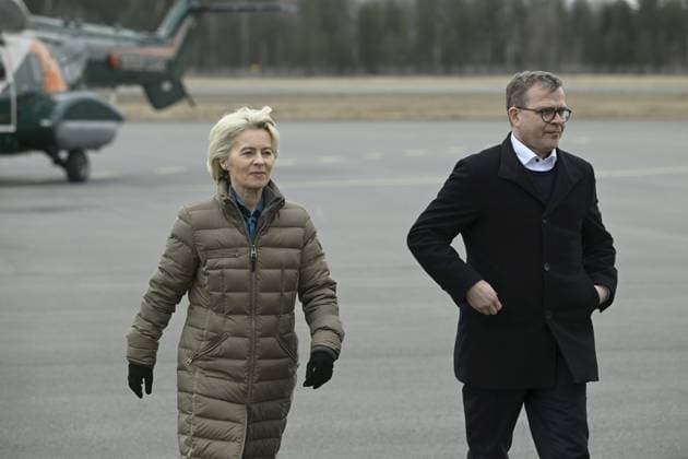 President of the European Commission Ursula von der Leyen (L) and Finnish Prime Minister Petter Orpo arrive for their joint press conference at the Lappeenranta airport, eastern Finland, on April 19, 2024. President von der Leyen and Prime Minister Orpo visited the eastern border region of Finland on Friday and discussed what Finland and the EU can do to prevent instrumentalised migration to Finland s eastern border. Lappeenranta Finland Copyright: xAnttixAimo-Koivistox LKFTJK20240419103415HKPP
