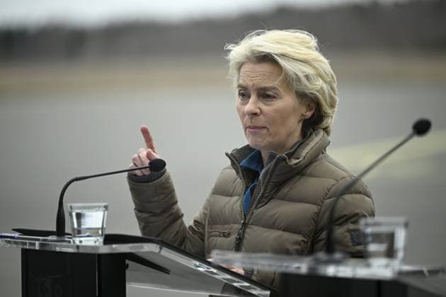 President of the European Commission Ursula von der Leyen reacts during her joint press conference with Finnish Prime Minister Petter Orpo (not pictured) at the Lappeenranta airport, eastern Finland, on April 19, 2024. President von der Leyen and Prime Minister Orpo visited the eastern border region of Finland on Friday and discussed what Finland and the EU can do to prevent instrumentalised migration to Finland s eastern border. Lappeenranta Finland Copyright: xAnttixAimo-Koivistox LKFTJK20240419103921ZUHI