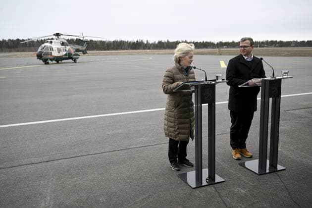 President of the European Commission Ursula von der Leyen (L) and Finnish Prime Minister Petter Orpo react during their joint press conference at the Lappeenranta airport, eastern Finland, on April 19, 2024. President von der Leyen and Prime Minister Orpo visited the eastern border region of Finland on Friday and discussed what Finland and the EU can do to prevent instrumentalised migration to Finland s eastern border. Lappeenranta Finland Copyright: xAnttixAimo-Koivistox LKFTJK20240419103143NMVT