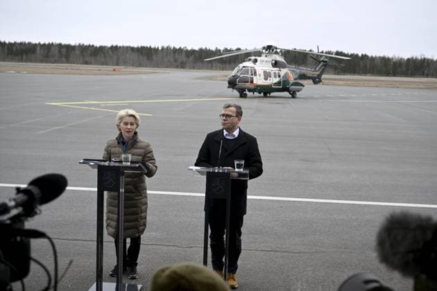 President of the European Commission Ursula von der Leyen (L) and Finnish Prime Minister Petter Orpo react during their joint press conference at the Lappeenranta airport, eastern Finland, on April 19, 2024. President von der Leyen and Prime Minister Orpo visited the eastern border region of Finland on Friday and discussed what Finland and the EU can do to prevent instrumentalised migration to Finland s eastern border. Lappeenranta Finland Copyright: xAnttixAimo-Koivistox LKFTJK20240419103225CEQB