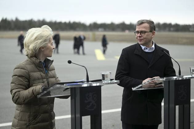 President of the European Commission Ursula von der Leyen (L) and Finnish Prime Minister Petter Orpo react during their joint press conference at the Lappeenranta airport, eastern Finland, on April 19, 2024. President von der Leyen and Prime Minister Orpo visited the eastern border region of Finland on Friday and discussed what Finland and the EU can do to prevent instrumentalised migration to Finland s eastern border. Lappeenranta Finland Copyright: xAnttixAimo-Koivistox LKFTJK20240419103442APKT