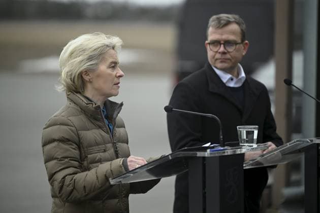 President of the European Commission Ursula von der Leyen (L) and Finnish Prime Minister Petter Orpo react during their joint press conference at the Lappeenranta airport, eastern Finland, on April 19, 2024. President von der Leyen and Prime Minister Orpo visited the eastern border region of Finland on Friday and discussed what Finland and the EU can do to prevent instrumentalised migration to Finland s eastern border. Lappeenranta Finland Copyright: xAnttixAimo-Koivistox LKFTJK20240419103812GRST