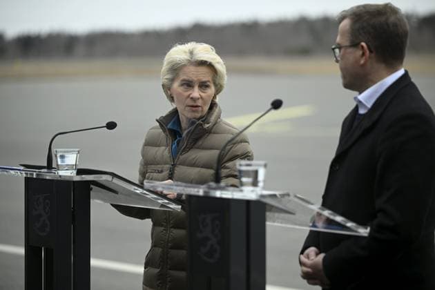 President of the European Commission Ursula von der Leyen (L) and Finnish Prime Minister Petter Orpo react during their joint press conference at the Lappeenranta airport, eastern Finland, on April 19, 2024. President von der Leyen and Prime Minister Orpo visited the eastern border region of Finland on Friday and discussed what Finland and the EU can do to prevent instrumentalised migration to Finland s eastern border. Lappeenranta Finland Copyright: xAnttixAimo-Koivistox LKFTJK20240419103948QCDY
