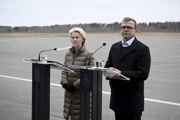 President of the European Commission Ursula von der Leyen (L) and Finnish Prime Minister Petter Orpo react during their joint press conference at the Lappeenranta airport, eastern Finland, on April 19, 2024. President von der Leyen and Prime Minister Orpo visited the eastern border region of Finland on Friday and discussed what Finland and the EU can do to prevent instrumentalised migration to Finland s eastern border. Lappeenranta Finland Copyright: xAnttixAimo-Koivistox LKFTJK20240419104033IMFS
