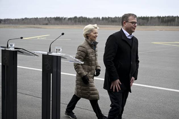 President of the European Commission Ursula von der Leyen (L) and Finnish Prime Minister Petter Orpo leave after their joint press conference at the Lappeenranta airport, eastern Finland, on April 19, 2024. President von der Leyen and Prime Minister Orpo visited the eastern border region of Finland on Friday and discussed what Finland and the EU can do to prevent instrumentalised migration to Finland s eastern border. Lappeenranta Finland Copyright: xAnttixAimo-Koivistox LKFTJK20240419104148PYOW