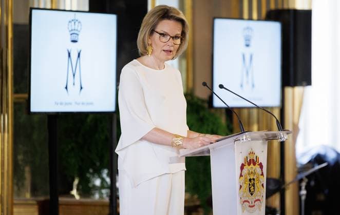 Queen Mathilde of Belgium delivers a speech at the presentation of the Queen Mathilde Prize ISEE IDEA IDO of the Queen Mathilde Fund, at the Royal Palace in Brussels, Wednesday 24 April 2024. Every year, the fund supports dozens of initiatives in Belgium that empower vulnerable children and young people. The project call I SEE, IDEA, I DO specifically provides support and professional guidance to young people who are looking for solutions to local challenges and thus aims to encourage social entrepreneurship among young people. During this last cycle year, the emphasis was on the implementation (I DO) of a project. BENOITxDOPPAGNE 91526279