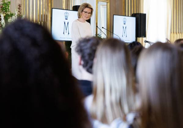 Queen Mathilde of Belgium delivers a speech at the presentation of the Queen Mathilde Prize ISEE IDEA IDO of the Queen Mathilde Fund, at the Royal Palace in Brussels, Wednesday 24 April 2024. Every year, the fund supports dozens of initiatives in Belgium that empower vulnerable children and young people. The project call I SEE, IDEA, I DO specifically provides support and professional guidance to young people who are looking for solutions to local challenges and thus aims to encourage social entrepreneurship among young people. During this last cycle year, the emphasis was on the implementation (I DO) of a project. BENOITxDOPPAGNE 91526281