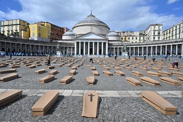 Photo IPP Felice De Martino Napoli 24 04 2024 Piazza del Plebiscito like a cemetery 500 coffins against deaths at work Uil initiative for the Zero deaths at work campaign Italy Photo Press World