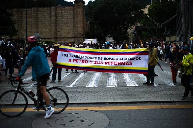 May 1, 2024, Bogota, Cundinamarca, Colombia: Supporters of colombian president Gustavo Petro demonstrate in support of his reform bills on retirment, labor, prisions and health on May 1, 2024, in Bogota, Colombia. Bogota Colombia - ZUMAvp1_ 20240501_zia_vp1_005 Copyright: xSebastianxBarrosx