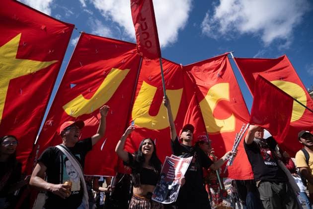 May 1, 2024, Bogota, Cundinamarca, Colombia: Supporters of colombian president Gustavo Petro demonstrate in support of his reform bills on retirment, labor, prisions and health on May 1, 2024, in Bogota, Colombia. Bogota Colombia - ZUMAvp1_ 20240501_zia_vp1_102 Copyright: xWendyxP.xRomerox