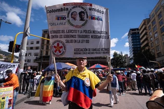 May 1, 2024, Bogota, Cundinamarca, Colombia: Supporters of colombian president Gustavo Petro demonstrate in support of his reform bills on retirment, labor, prisions and health on May 1, 2024, in Bogota, Colombia. Bogota Colombia - ZUMAvp1_ 20240501_zia_vp1_106 Copyright: xWendyxP.xRomerox