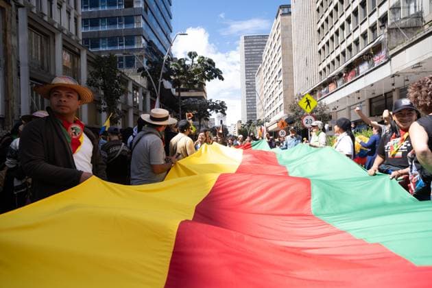 May 1, 2024, Bogota, Cundinamarca, Colombia: Supporters of colombian president Gustavo Petro demonstrate in support of his reform bills on retirment, labor, prisions and health on May 1, 2024, in Bogota, Colombia. Bogota Colombia - ZUMAvp1_ 20240501_zia_vp1_107 Copyright: xWendyxP.xRomerox