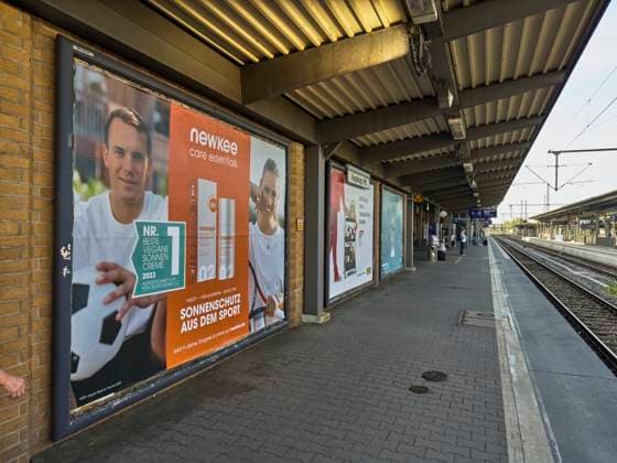 NEWKEE advertising with Manuel Neuer and Angelique Kerber at Augsburg main railway station on Apr 14, 2024 in Augsburg, Germany