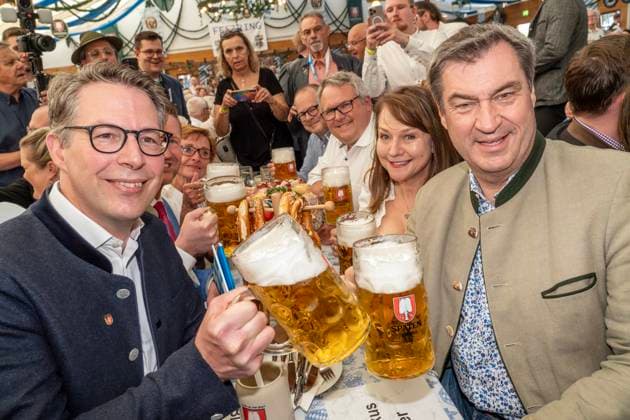 Markus Söder, CSU, Bavarian Minister President, Markus Blume left , Minister of Science, European election campaign at the Truderinger Festwoche, Munich, May 12, 2024 Germany, Munich, Ma