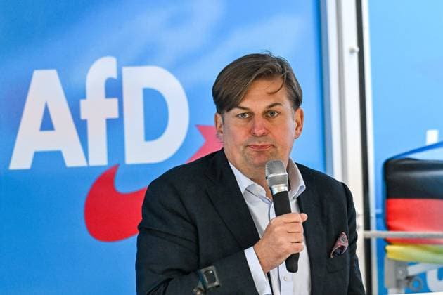 GER, Election campaign event of AfD top candidate Maximilian Krah in Kaufbeuren 21 05 2024, Kemptener Tor, Kaufbeuren, GER, Election campaign event of AfD top candidate Maximilian Krah in Kaufbeuren, Maximilian Krah AfD makes a campaign appearance in front of about 200 people in the pedestrian zone in Kaufbeuren in the picture Maximilian Krah AfD nordphoto GmbHxHafner nph00200