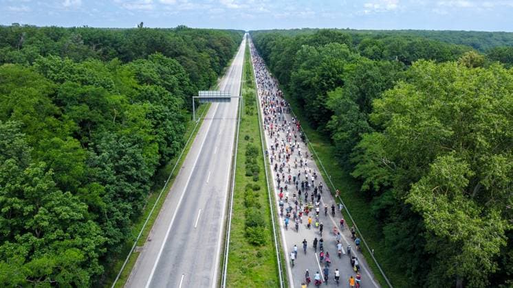 ADFC rally 2024 Germany, Berlin on 02 06 2024 Drone recording Many thousands of people ride bicycles on the Avus Autobahn A115 from Wannsee towards Berlin