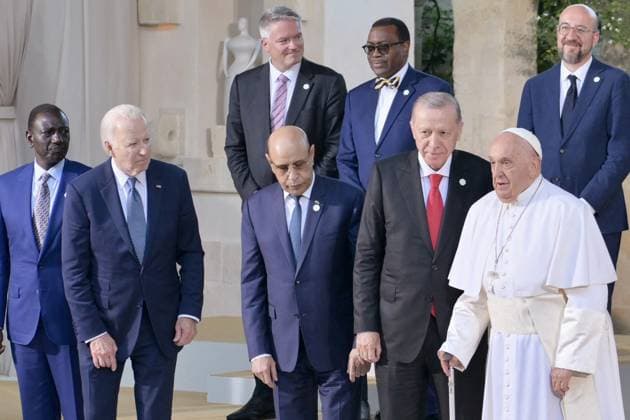 - Turkish President Recep Tayyip Erdogan speaks with Pope Francis during the family photo of G7 leaders with other heads of state and government and delegations from international organizations during the G7 Summit in Borgo Egnazia (Brindisi), Italy, June 14, 2024. Turkish President Recep Tayyip Erdogan speaks with Pope Francis during the family photo of G7 leaders with other heads of state and government and delegations from international organizations during the G7 Summit in Borgo Egnazia (Brindisi), Italy, June 14, 2024. Toasts Italy -  Copyright: xIPA ABACAx
