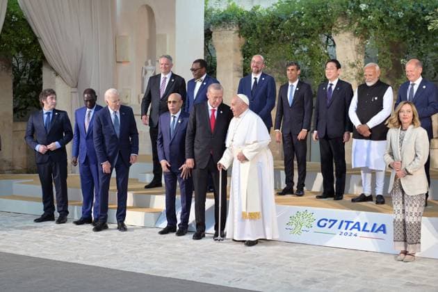 - Turkish President Recep Tayyip Erdogan speaks with Pope Francis during the family photo of G7 leaders with other heads of state and government and delegations from international organizations during the G7 Summit in Borgo Egnazia (Brindisi), Italy, June 14, 2024. Turkish President Recep Tayyip Erdogan speaks with Pope Francis during the family photo of G7 leaders with other heads of state and government and delegations from international organizations during the G7 Summit in Borgo Egnazia (Brindisi), Italy, June 14, 2024. Toasts Italy -  Copyright: xIPA ABACAx