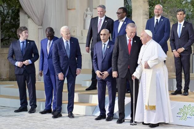- Turkish President Recep Tayyip Erdogan speaks with Pope Francis during the family photo of G7 leaders with other heads of state and government and delegations from international organizations during the G7 Summit in Borgo Egnazia (Brindisi), Italy, June 14, 2024. Turkish President Recep Tayyip Erdogan speaks with Pope Francis during the family photo of G7 leaders with other heads of state and government and delegations from international organizations during the G7 Summit in Borgo Egnazia (Brindisi), Italy, June 14, 2024. Toasts Italy -  Copyright: xIPA ABACAx