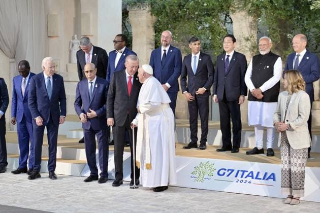 - Turkish President Recep Tayyip Erdogan speaks with Pope Francis during the family photo of G7 leaders with other heads of state and government and delegations from international organizations during the G7 Summit in Borgo Egnazia (Brindisi), Italy, June 14, 2024. Turkish President Recep Tayyip Erdogan speaks with Pope Francis during the family photo of G7 leaders with other heads of state and government and delegations from international organizations during the G7 Summit in Borgo Egnazia (Brindisi), Italy, June 14, 2024. Toasts Italy -  Copyright: xIPA ABACAx
