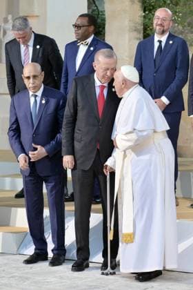 - Turkish President Recep Tayyip Erdogan speaks with Pope Francis during the family photo of G7 leaders with other heads of state and government and delegations from international organizations during the G7 Summit in Borgo Egnazia (Brindisi), Italy, June 14, 2024. Turkish President Recep Tayyip Erdogan speaks with Pope Francis during the family photo of G7 leaders with other heads of state and government and delegations from international organizations during the G7 Summit in Borgo Egnazia (Brindisi), Italy, June 14, 2024. Toasts Italy -  Copyright: xIPA ABACAx