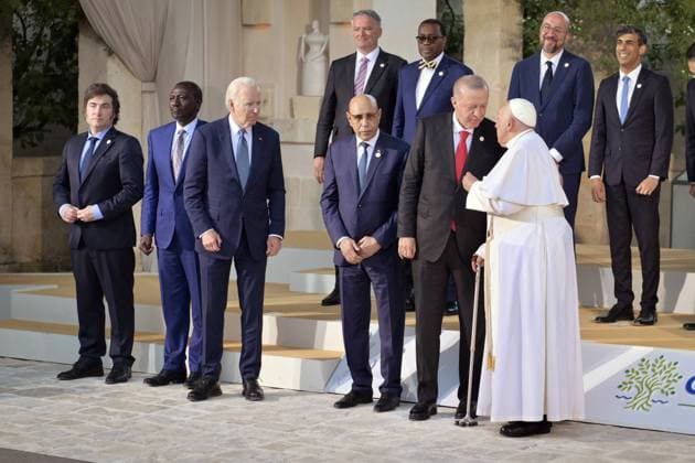 - Turkish President Recep Tayyip Erdogan speaks with Pope Francis during the family photo of G7 leaders with other heads of state and government and delegations from international organizations during the G7 Summit in Borgo Egnazia (Brindisi), Italy, June 14, 2024. Turkish President Recep Tayyip Erdogan speaks with Pope Francis during the family photo of G7 leaders with other heads of state and government and delegations from international organizations during the G7 Summit in Borgo Egnazia (Brindisi), Italy, June 14, 2024. Toasts Italy -  Copyright: xIPA ABACAx
