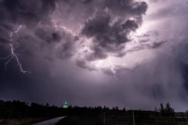 Dramatic thunderstorms in the district of Leipzig Lightning flashes through the sky Storm Lightning