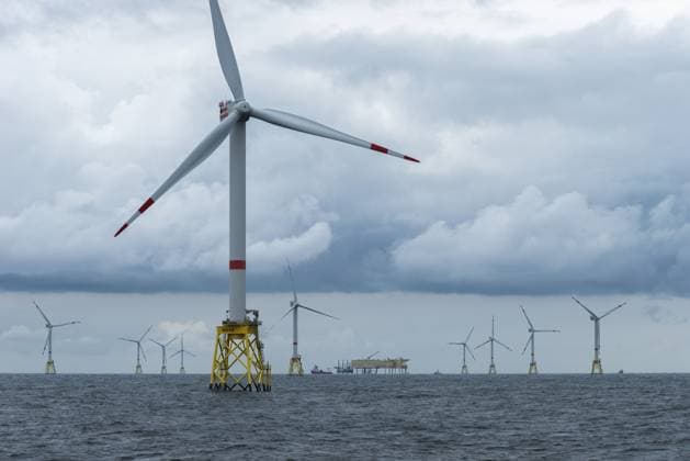 Offshore Wind Farm North Sea East, Operator RWE, North of Heligoland, German Economic zone, Wind turbines With Jacket Foundation structure, Low swell, Supply station, Ship tug, Germany, Europe Copyright: imageBROKER WolfgangxDiederich ibldie10814020.jpg