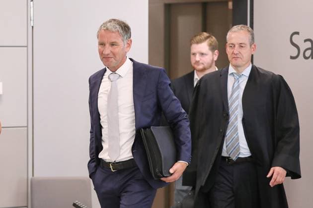 Halle Saale , Saxony-Anhalt, Germany, 24 06 2024 Justice Center 2 Trial against Thuringias AfD state leader Björn Höcke Björn Höcke, left, enters the courtroom with his lawyer Ralf Hornemann, right, after the first break in the proceedings Pictures had been prohibited at the actual start of the trial in the morning, but were finally allowed after Copyright: xdtsxNachrichtenagenturx dts_41632