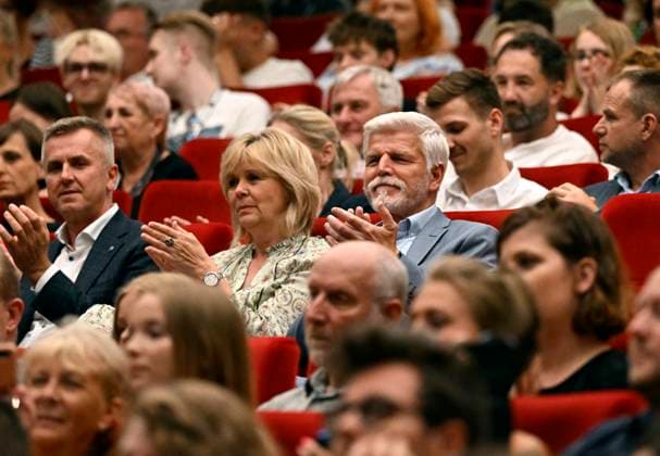Czech President Petr Pavel, center-right, and his wife Eva Palova, center-left, attend presentation of Czech film Our Lovely Pig Slaughter during the 58th Karlovy Vary International Film Festival, on June 30, 2024, in Karlovy Vary, Czech Republic. On the left side is seen head of the presidential office Milan Vasina. (CTKxPhoto KaterinaxSulova) CTKPhotoP2024063005560  CTKPhotoP2024063005560