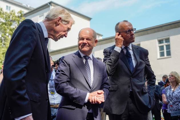 Ceremony July 20, 2024, Scholz, Merz Ceremony on July 20, 2024 80th anniversary of the assassination and attempted coup against Hitler in the courtyard of honor of the Bendlerblock in Berlin Federal Chancellor, Olaf Scholz, Friedrich Merz, CDU Party Chairman Berlin Berlin GER