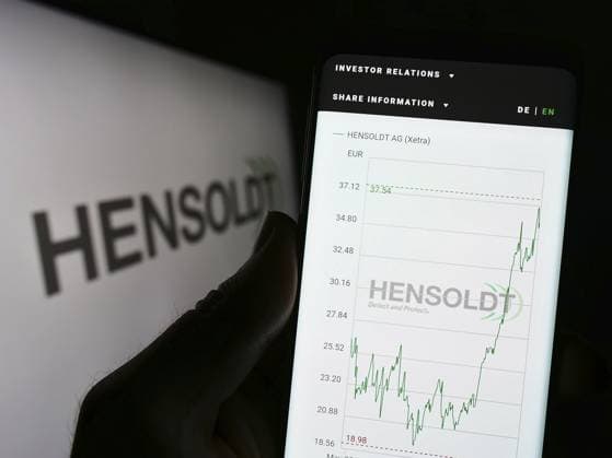 Stuttgart, Germany, 04 21 2023 Person Holding cellphone With webpage of German Defense Company Hensoldt AG ON Screen in Front of Logo Focus ON Center of Phone display, Europe Copyright: imageBROKER TimonxSchneider ibliqx10711846.jpg