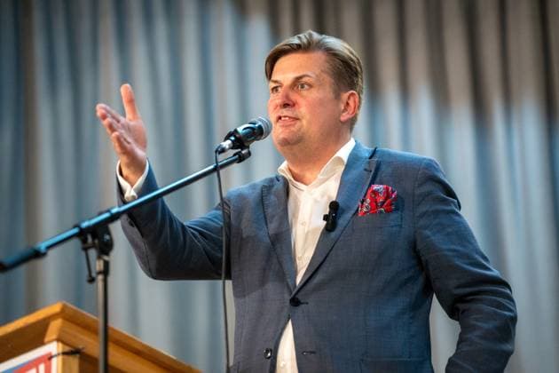 Meitingen, Bavaria, Germany - August 3, 2024: Maximilian Krah, a prominent politician of the AfD, Alternative for Germany, speaks at an event of the party in Meitingen, Bavaria